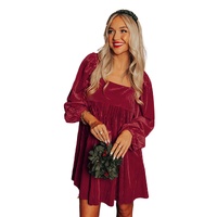 Red Tie Back Square Neck Velvet Babydoll Dress - M thumbnail