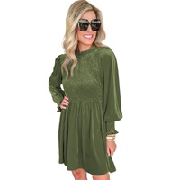Moss Green Frilled Neck Smocked Bodice Velvet Dress - L thumbnail