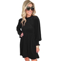 Black Frilled Neck Smocked Bodice Velvet Dress - L thumbnail