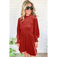 Red Clay Frilled Neck Smocked Bodice Velvet Dress - L thumbnail