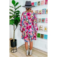 Multicolour Floral Tie Neck Bubble Sleeve Shift Dress - M thumbnail