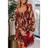 Multicolour Smocked High Waist Long Sleeve Floral Dress - L thumbnail