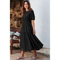 Black Puff Sleeve Pleated High Waist Flowy Long Dress - M thumbnail