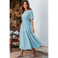 Light Blue Puff Sleeve Pleated High Waist Flowy Long Dress - S thumbnail