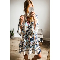 White Printed Tribal Print Bracelet Sleeve Buttoned Mini Dress - S thumbnail