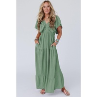 Grass Green Textured V Neck Flutter Sleeve Ruffled Maxi Dress - 2XL thumbnail
