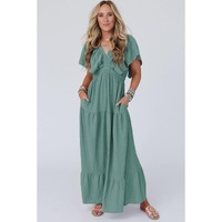 Green Textured V Neck Flutter Sleeve Ruffled Maxi Dress - S thumbnail