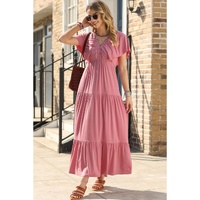 Rose Pink Textured V Neck Flutter Sleeve Ruffled Maxi Dress - 2XL thumbnail