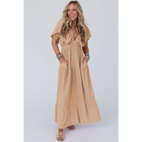 Parchment Textured V Neck Flutter Sleeve Ruffled Maxi Dress - 2XL thumbnail