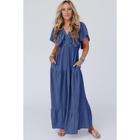 Navy Blue Textured V Neck Flutter Sleeve Ruffled Maxi Dress - M thumbnail
