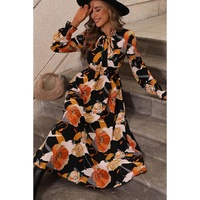 Orange Floral Print Tie Neck Long Sleeve Dress - L thumbnail