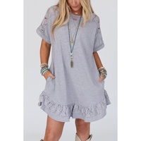 Light Grey Lace Floral Patchwork Ruffled T-shirt Dress - M thumbnail