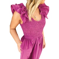 Rose Red Solid Color Ruffled Straps Smocked Ruched Maxi Dress - M thumbnail