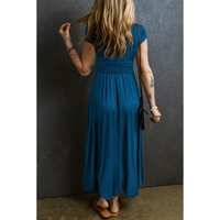 Peacock Blue Short Sleeve Shirred High Waist V Neck Maxi Dress - M thumbnail