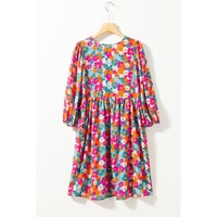 Sky Blue Floral Print Tie Split Neck Bubble Sleeve Babydoll Dress - M thumbnail