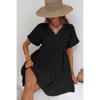 Black Folded Short Sleeve Lace V Neck Mini Dress - S thumbnail