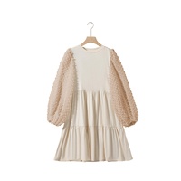 Beige Embellished Puff Sleeve Tiered A-line Dress - L thumbnail