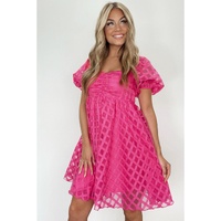 Strawberry Pink Checkered Puff Sleeve Babydoll Dress - XL thumbnail