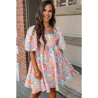 Pink Summer Floral Square Neck Puff Sleeve Babydoll Dress - L thumbnail