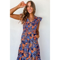 Dark Blue Boho Floral V Neck Ruffle Tiered Long Dress - S thumbnail