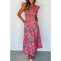 Rose Red Boho Floral V Neck Ruffle Tiered Long Dress - M thumbnail