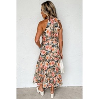 Black Boho Floral Print Knotted Halter Ruffled Maxi Dress - L thumbnail