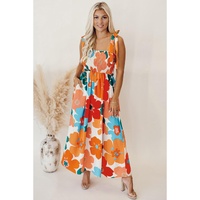 Orange Floral Self Tied Straps Smocked Bust Maxi Dress - L thumbnail