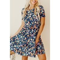 Blue Short Sleeve A-line Floral Dress - XL thumbnail