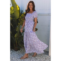 Purple Floral Short Bubble Sleeve Shirred High Waist Maxi Dress - XL thumbnail