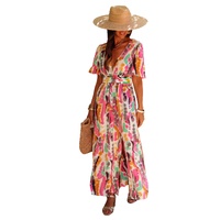 Pink Boho Tie-dye Print V Neck Maxi Dress - M thumbnail