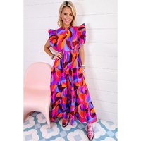 Orange Abstract Printed High Waist Ruffle Tiered Long Dress - L thumbnail