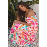 Pink Abstract Print Ruffled Sleeve Smocked Bust Maxi Dress - S thumbnail
