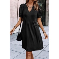 Black Notched Neck Pleated Puff Sleeve Shift T-shirt Dress - S thumbnail