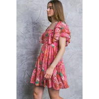 Pink Floral Square Neck Ruffle Sleeve Tiered Dress - L thumbnail