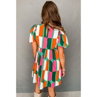 Green Abstract Print Puff Sleeve Short Dress - M thumbnail