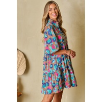 Green Leopard Print Bubble Sleeve Slit Neck Ruffled Dress - M thumbnail
