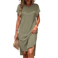Jungle Green Waffle Texture Curved Hem Side Slit T-shirt Dress - M thumbnail