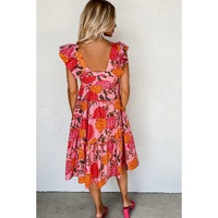 Pink Floral Square Neck Ruffled Flutter Sleeve Tiered Midi Dress - L thumbnail