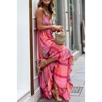 Pink Western Printed Tassel Tie V Neck Wrap Maxi Dress - L thumbnail