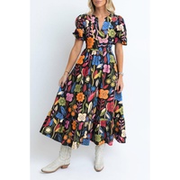 Black Retro Floral Printed Split Neck Maxi Dress - S thumbnail
