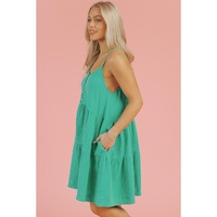 Sea Green Textured Buttoned Thin Strap Tiered Loose Fit Mini Dress - S thumbnail