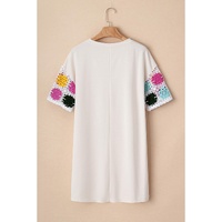 White Floral Crochet Splicing Sleeve T Shirt Dress - L thumbnail