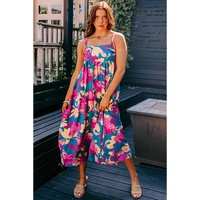 Dark Blue Floral High Waist Sleeveless Flared Long Dress - S thumbnail