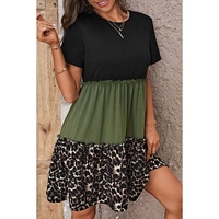 Jungle Green Leopard Print Colorblock Frill Trim T-shirt Dress - M thumbnail