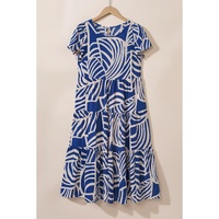 Sky Blue Boho Printed Short Sleeve Flare Tiered Dress - M thumbnail