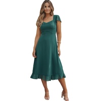 Sea Green Shirred Open Back Sweetheart Neck Ruffled Midi Dress - M thumbnail