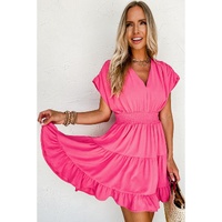Strawberry Pink Ruched Sleeve V Neck Smock Waist Tiered Ruffled Dress - L thumbnail