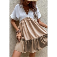 Light French Beige Triple Colors V Neck Folded Cuffs Tiered Loose Dress - L thumbnail