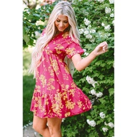 Rose Floral Print Batwing Sleeve Smock Dress - S thumbnail
