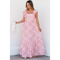 Pink Floral Print Square Neck Ruffled Strap Maxi Dress - 2XL thumbnail